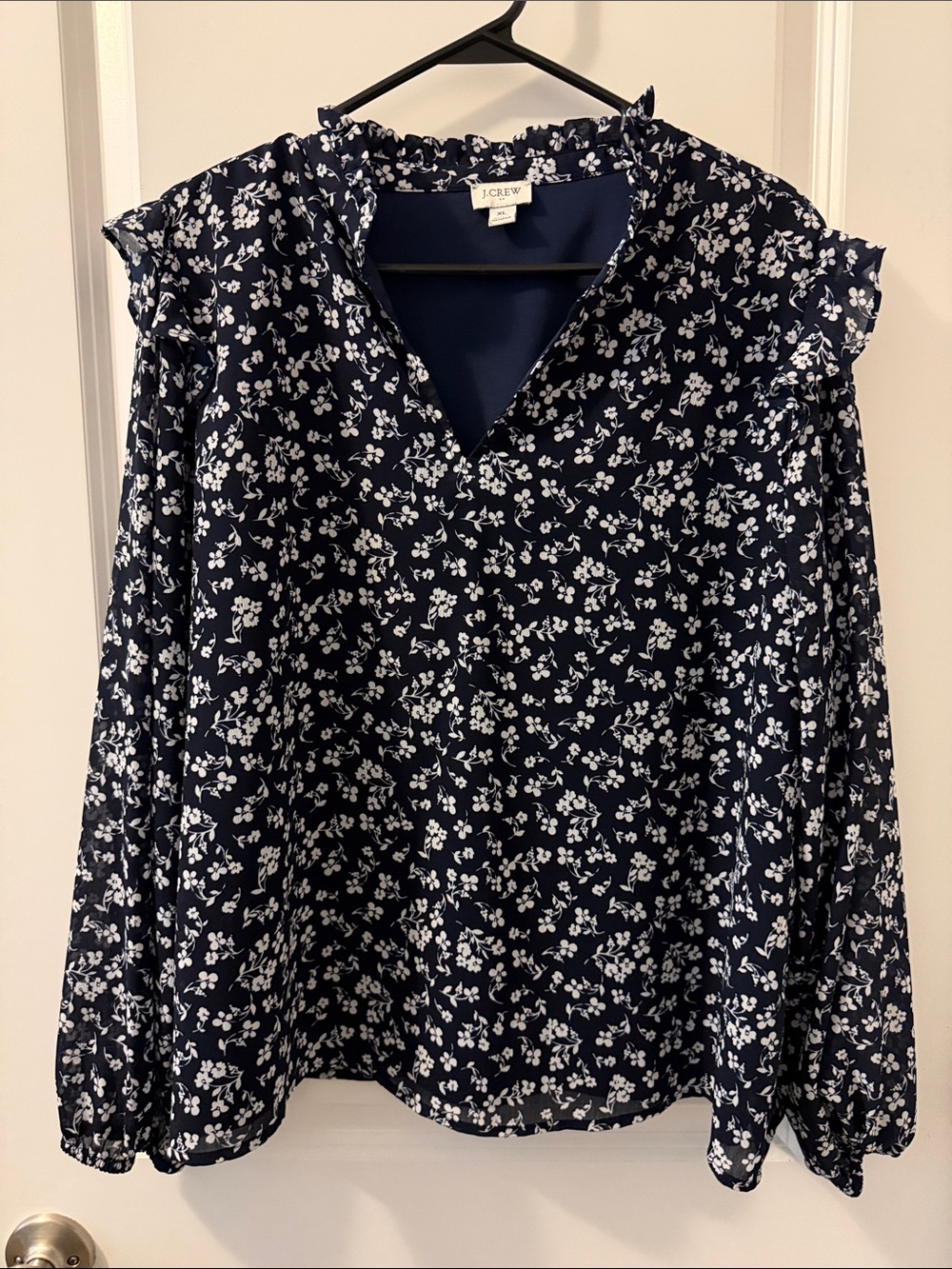 J. Crew Navy and White Floral Ruffle V-Neck Blouse